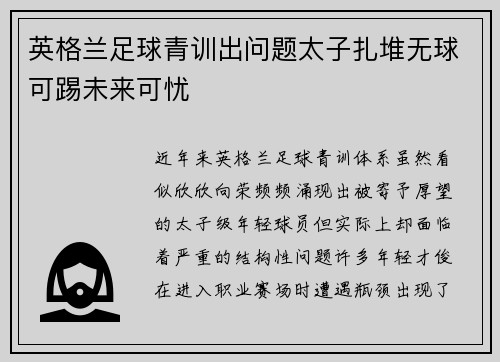 英格兰足球青训出问题太子扎堆无球可踢未来可忧